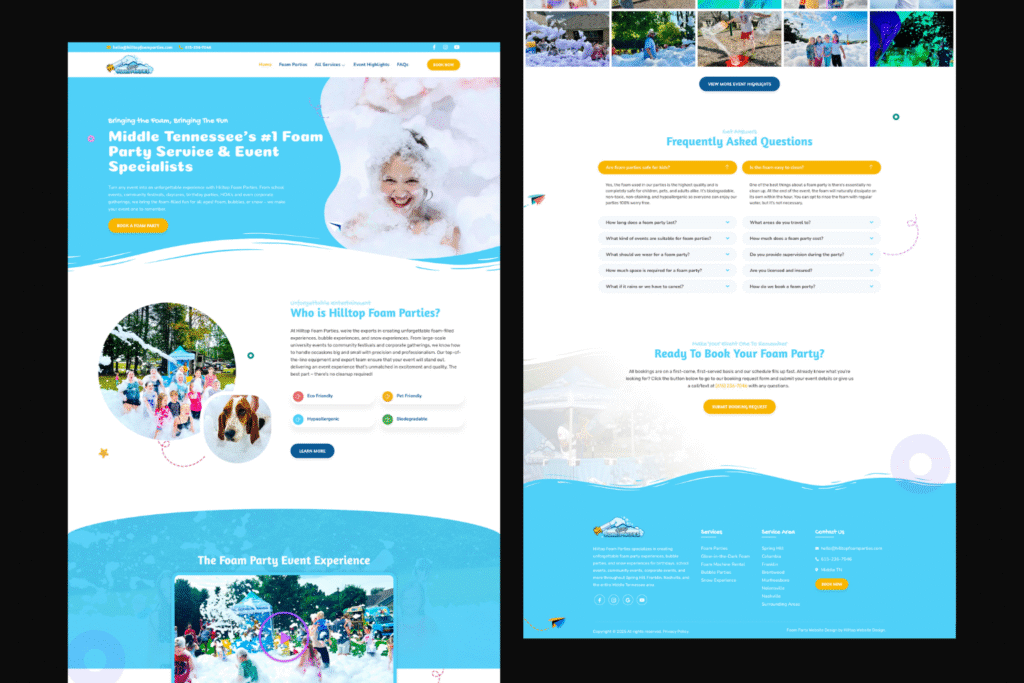 Foam party website design from portfolio
